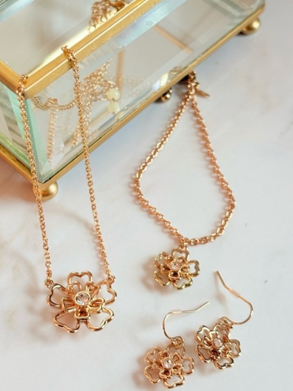 Avon 2017 Romantic Floral Openwork Rhinestone Necklace Bracelet Earrings Set NIB